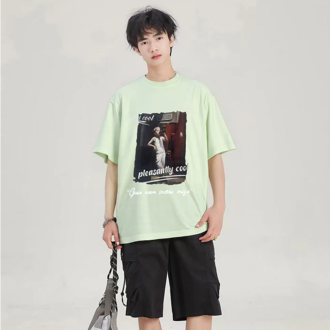 5876浅绿色青少年时尚潮流休闲短袖T恤