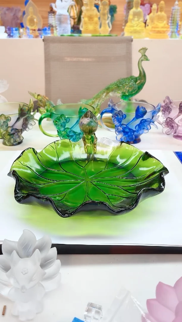 手工艺品琉璃绿色荷叶壶承20公分