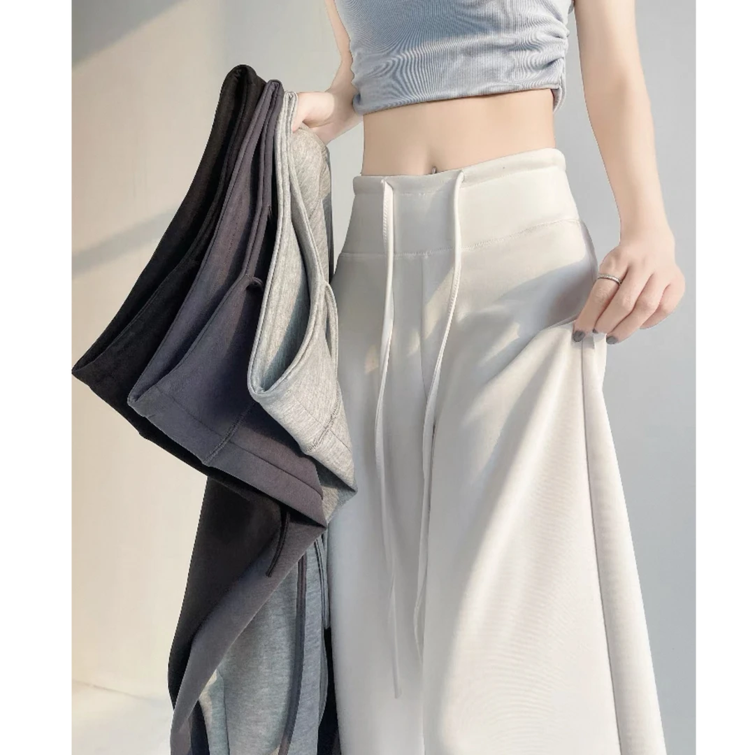 春夏新款美式抽绳休闲卫裤女设计感高腰宽松显瘦拖地阔腿裤