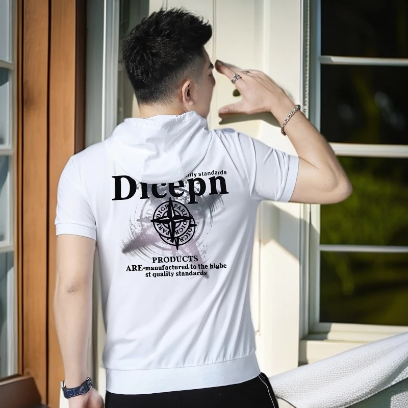 娜罗普西2025休闲夏季新款潮流个性印花修身休闲连帽短袖男士卫衣