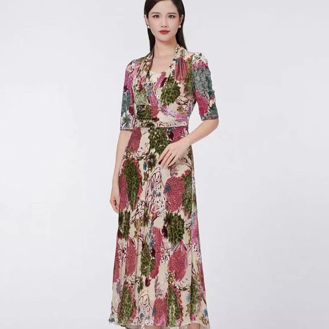 SUSSI古色丨“洛水凝芳”法式烧花丝绒早秋限定收腰长款连衣裙女