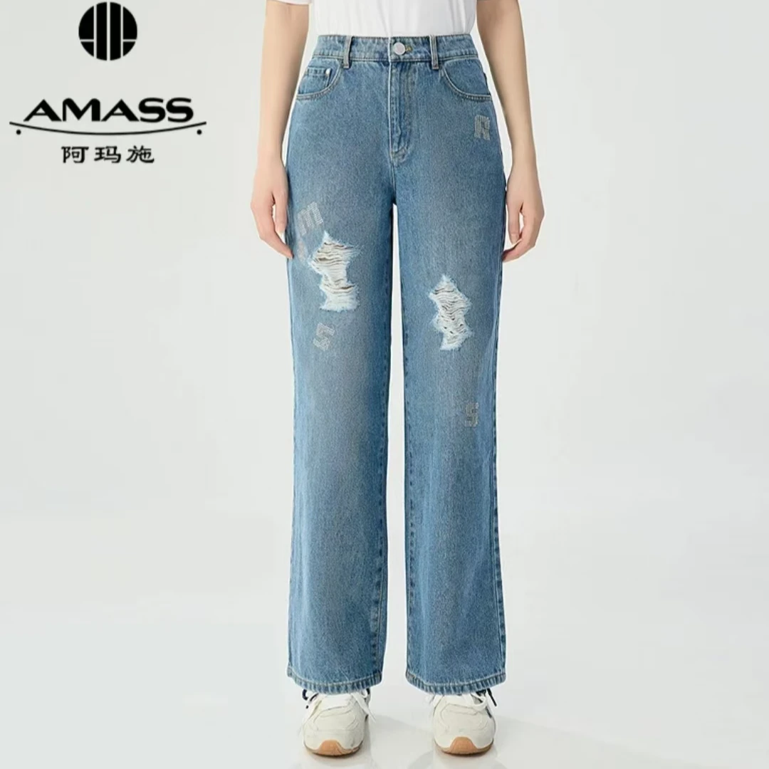 AMASS/阿玛施510008夏季磨白中腰微喇裤长裤水洗牛仔裤蓝色系穿搭