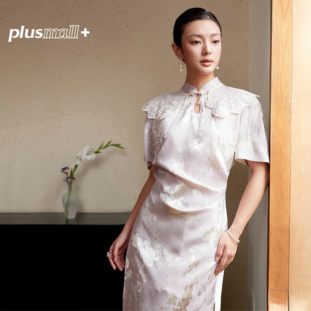 PLUSMALL 琉璃玉盏 暗纹梭织新中式披肩水滴扣连衣裙PM2506182