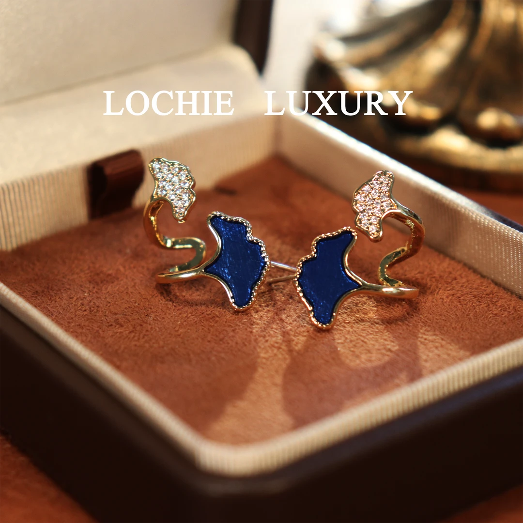 铜合金锆石耳饰 Q086【蓝色多瑙河】法式复古轻奢银杏叶耳钉