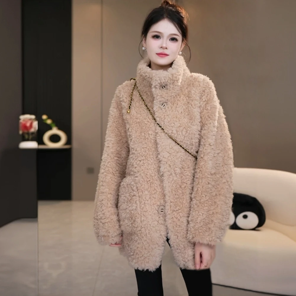 2025秋冬海宁羊毛颗粒羊剪绒休闲立领外套小香风女羊羔毛皮毛一体