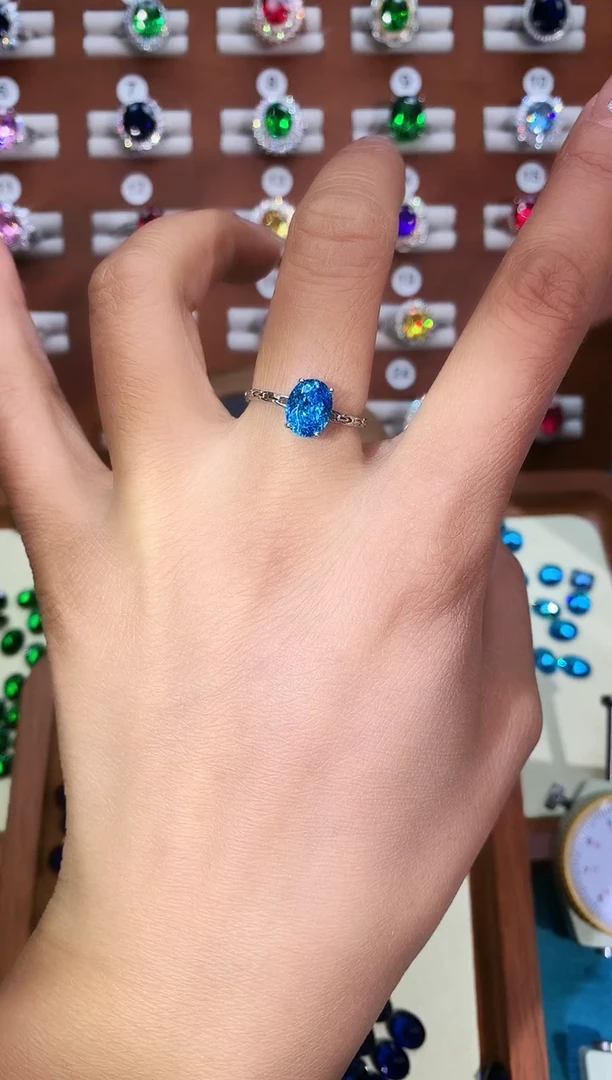 银S925镶嵌戒圈海蓝宝石79白鸟巢切