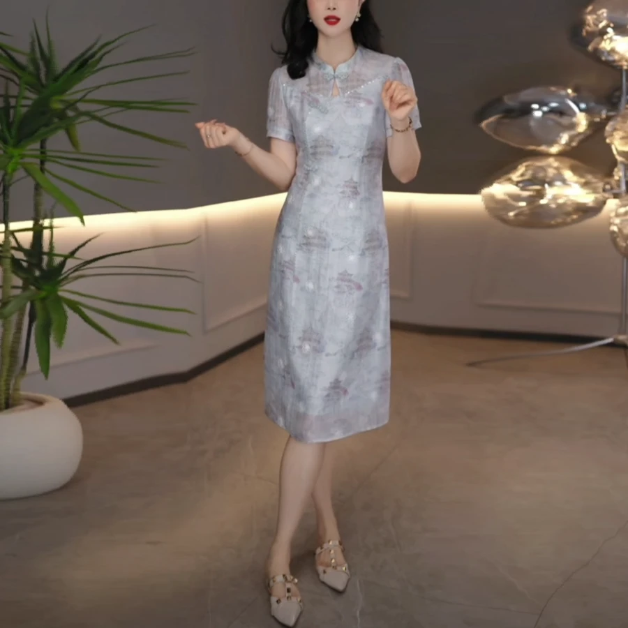 2025夏季新款五一年轻妈妈日常减龄旗袍印花显高显瘦连衣裙M-4XL