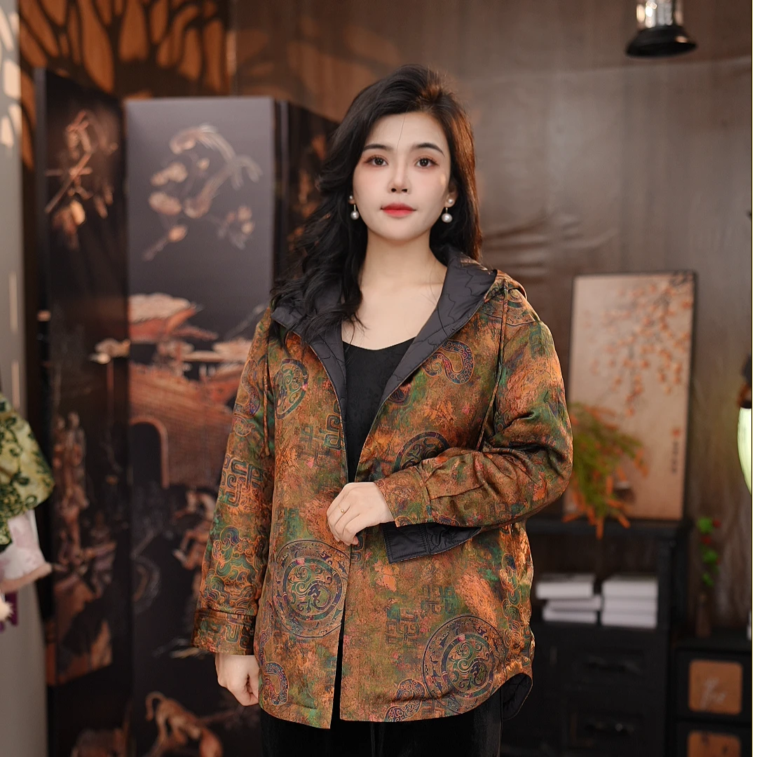 休闲气质短款长袖女士上衣外套双面双穿中国风印花宽松显瘦6967