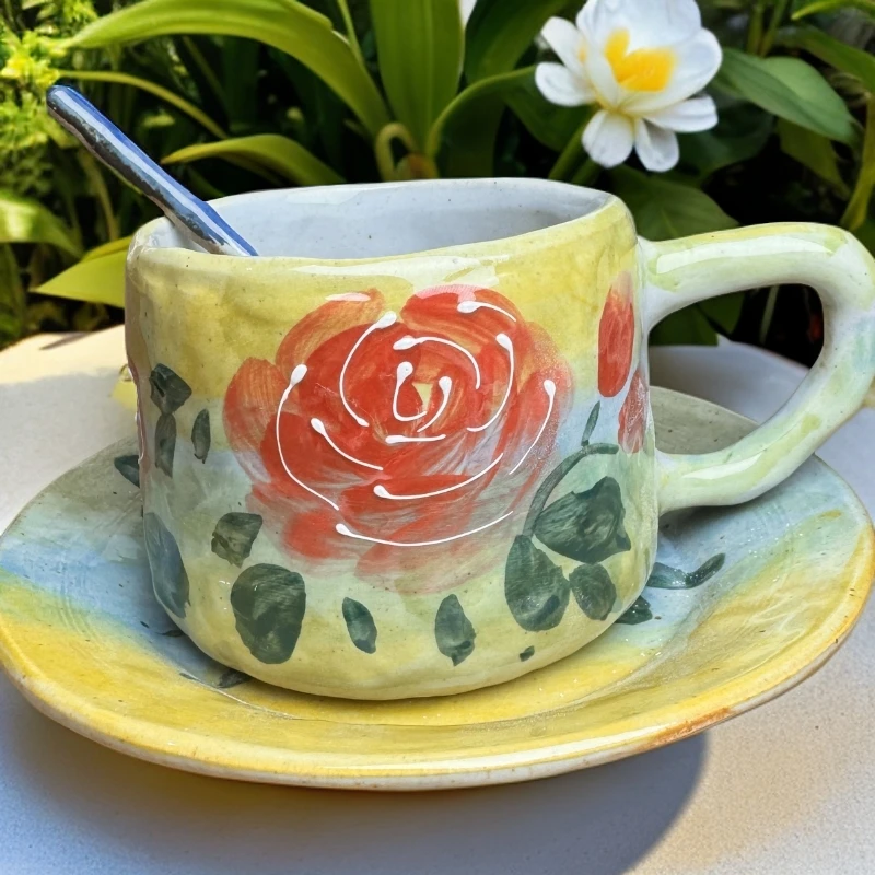 高温全手工油画玫瑰花咖啡杯套组含勺