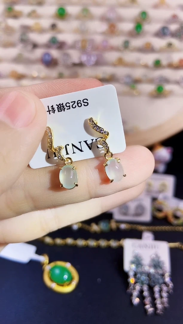 翡翠银S925镶嵌耳饰123498