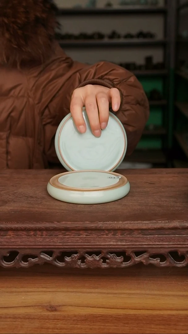 杯011号天青手 拉坯杯垫微瑕一对