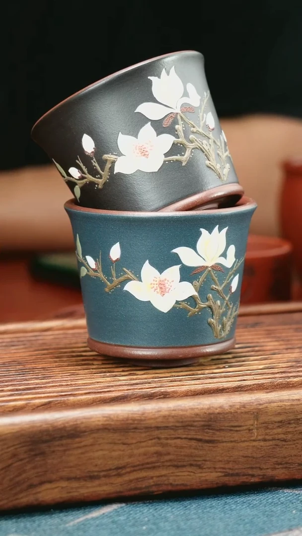 茶杯紫砂玉兰花2只一对