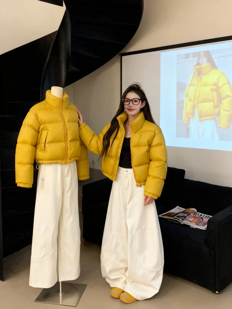 秋冬穿搭一整套韩式慵懒chic套装女立领棉服加厚外套阔腿裤两件套