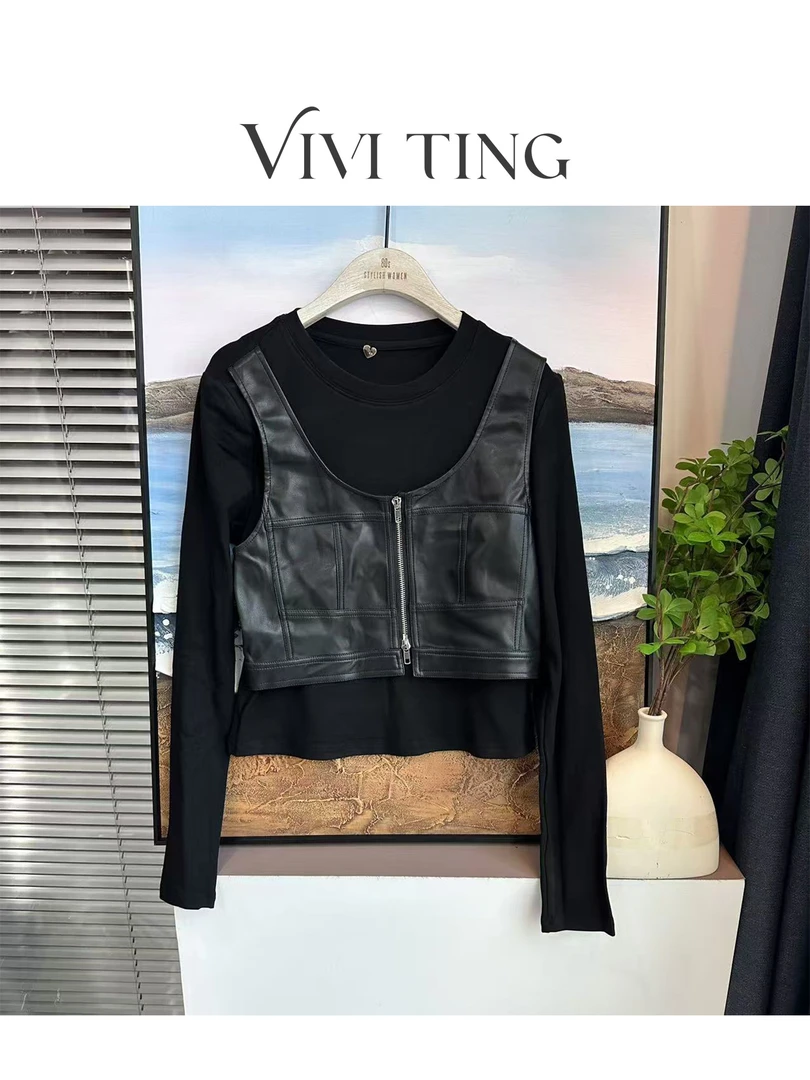 【VIVI·TING】婷姐推荐秋冬季小众设计感新款拉链假两件拼接上衣
