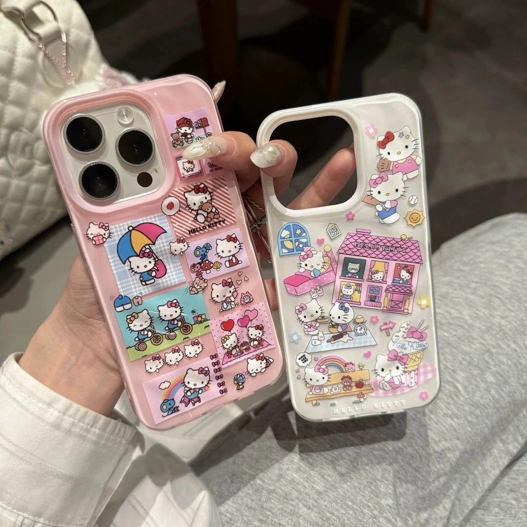 BANCA可爱卡通KT插画适用苹果16Promax新款15手机壳14褶皱纹13/12