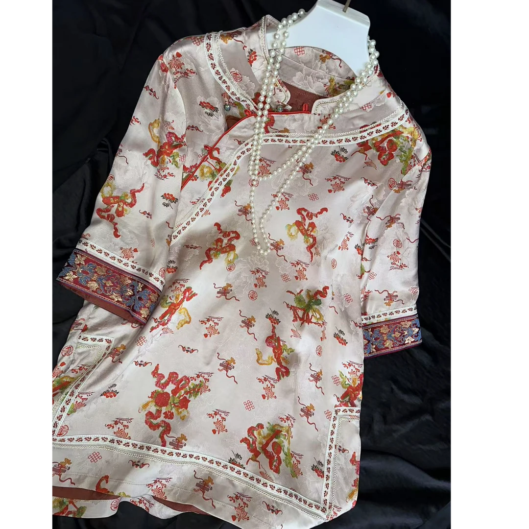 2600【金蛇接财】早春新款改良中式连衣裙五分袖宽松刺绣盘扣长裙