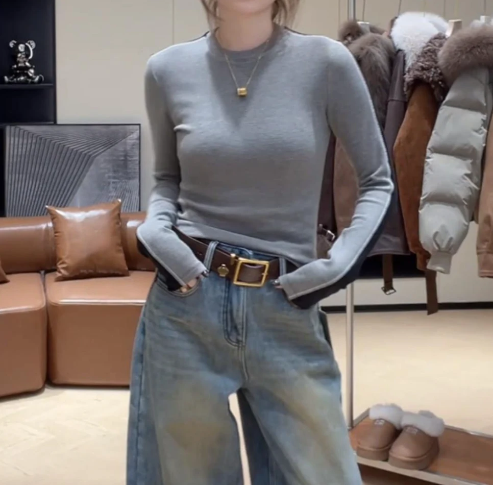 韩系拼色圆领长袖打底衫T恤女2025冬季新款简约修身显瘦百搭上衣