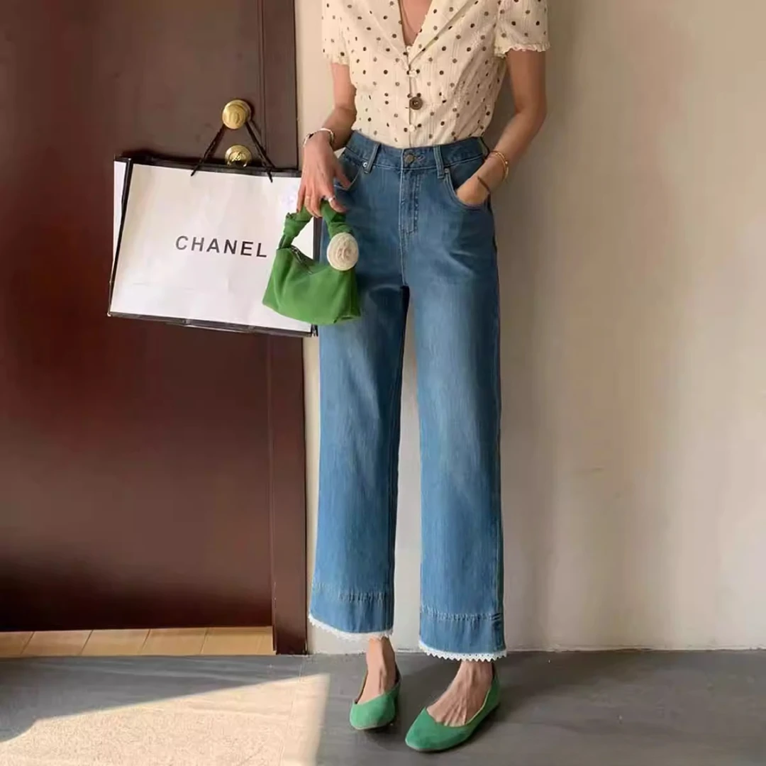 浅色蕾丝边直筒牛仔裤女2025夏季新款梨形身材高腰显瘦九分烟管裤