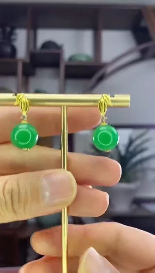 银S925镶嵌翡翠耳环E5阳绿单珠耳环
