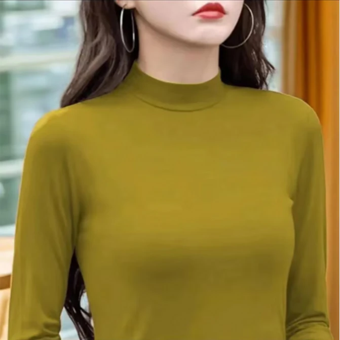 秋冬季女德绒保暖时尚长袖t恤上衣2024半高领宽松纯色内搭打底衫