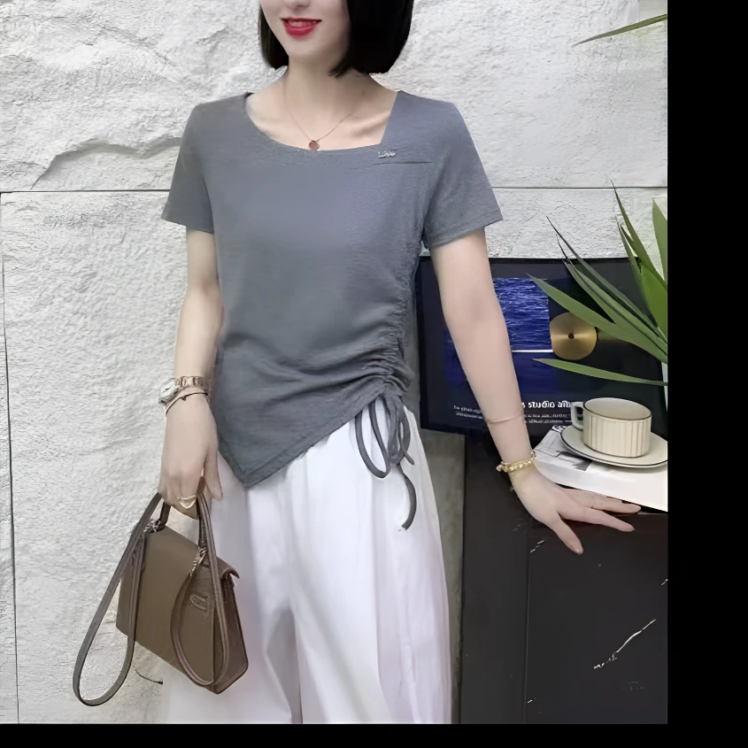 【玲子现货】8915 方领下摆特色不规则上衣女