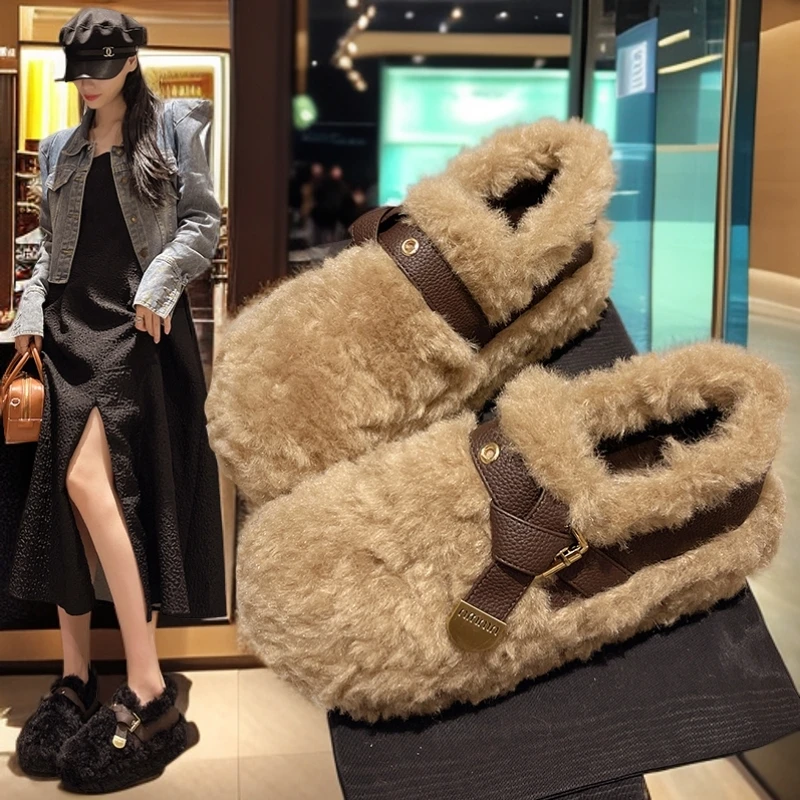 法式厚底毛毛鞋女外穿2025新款冬季加绒保暖雪地靴防滑豆豆棉单鞋