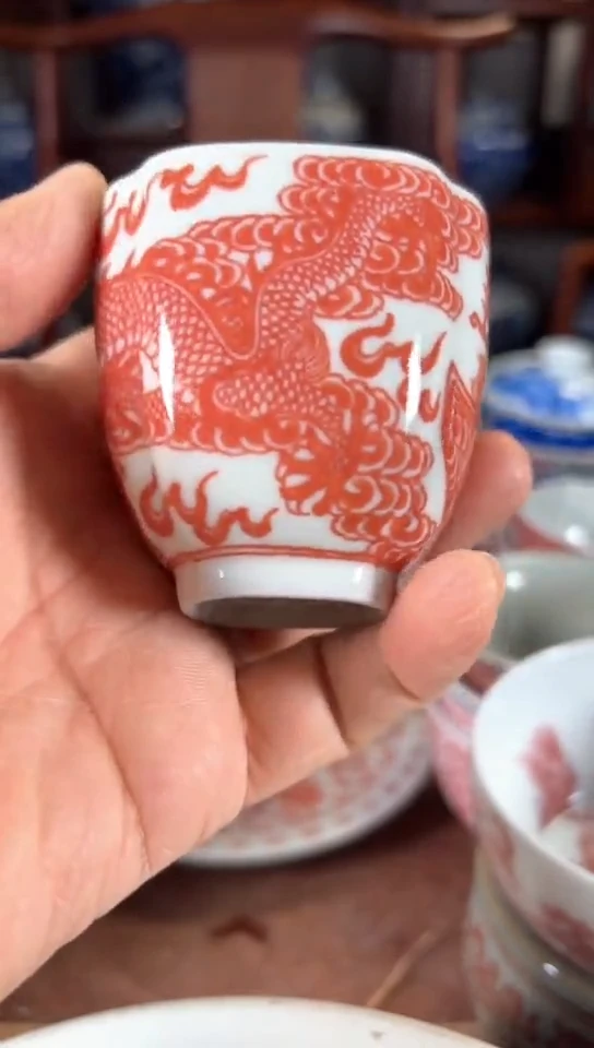 柴窑釉里红四方龙凤杯杯