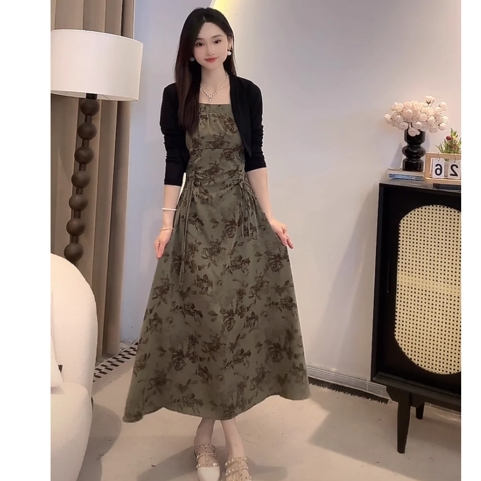 【两件套】小裙子开衫两件套新中式收腰吊带连衣裙套装1179