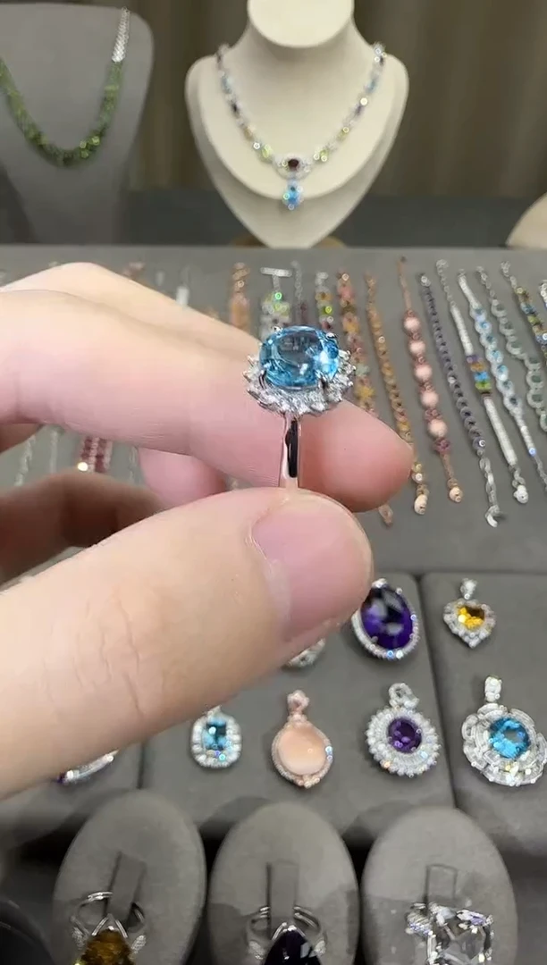 银S925镶嵌戒指托帕石10mm戒指妖姬蓝