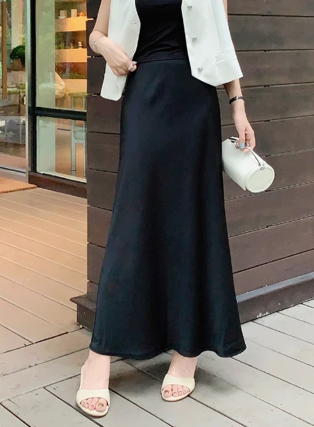 晚香玉半身裙 气质优雅缎面直筒松紧腰鱼尾裙