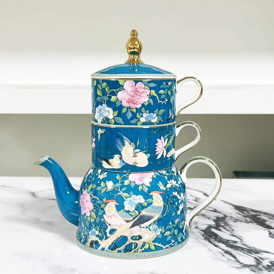 骨瓷百鸟和鸣双杯叠壶 一壶2杯咖啡杯壶水具套装深蓝色#F9508M-2