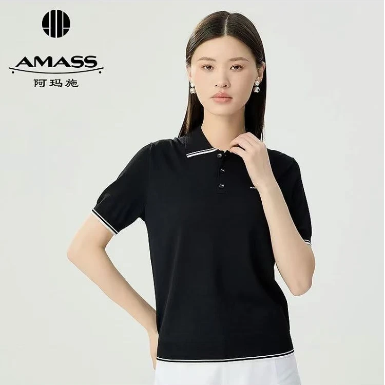 AMASS/阿玛施新款夏季薄款经典黑色质感正肩polo领针织衫538022