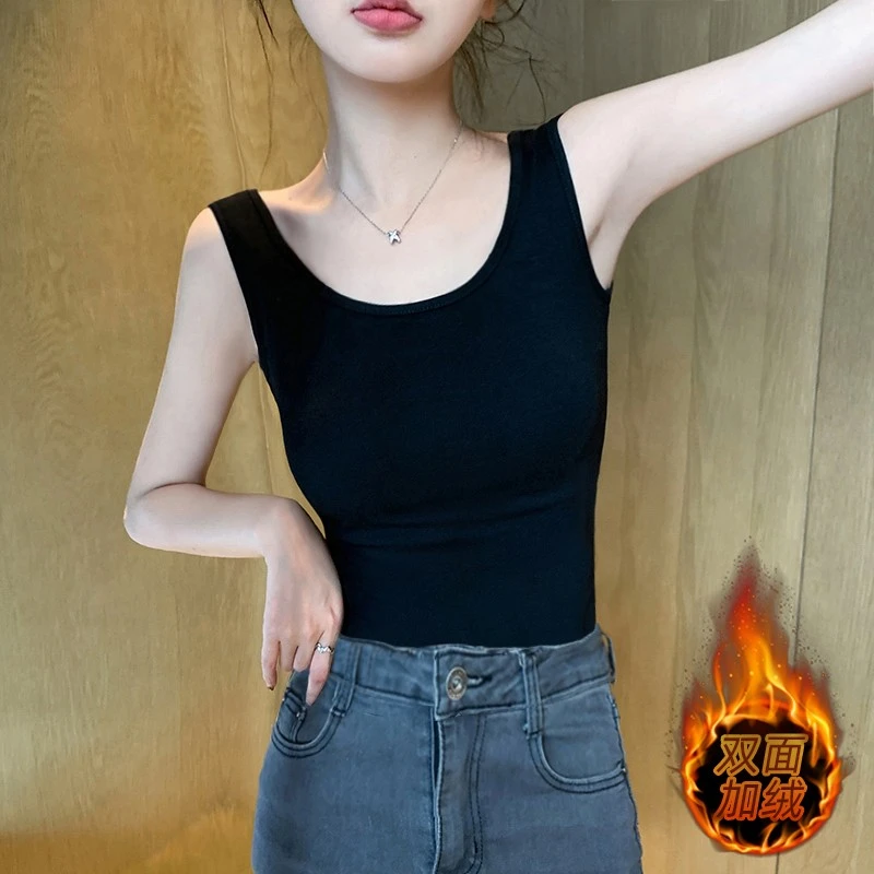 拉夏贝尔黑色U领吊带背心女内搭打底2024春秋冬新款加绒加厚保暖