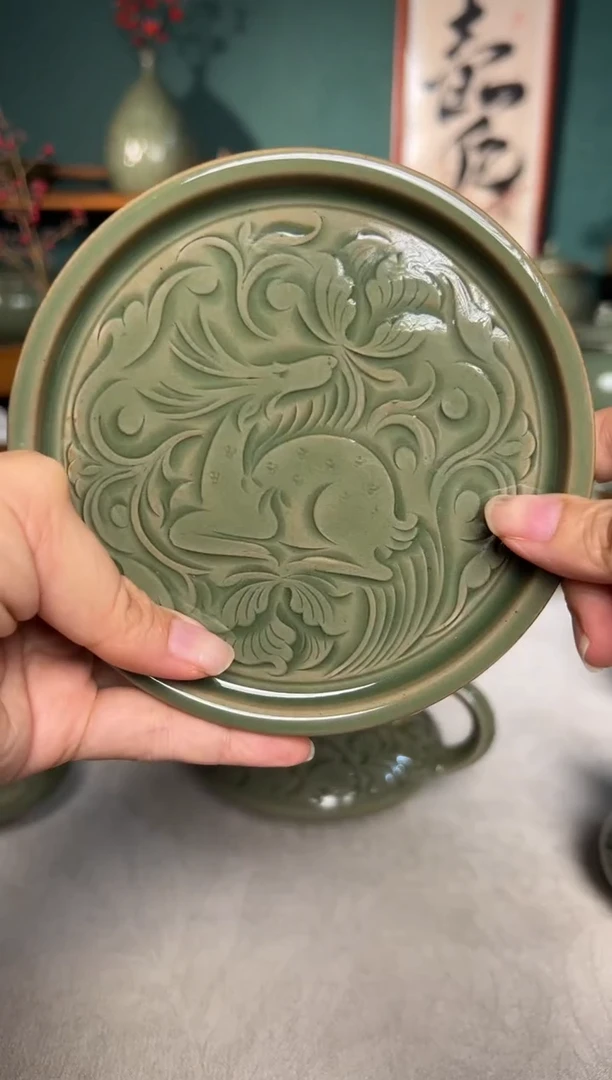 其他纯手工双色釉跳刀纹灵芝卧鹿双面壶承杯垫6号