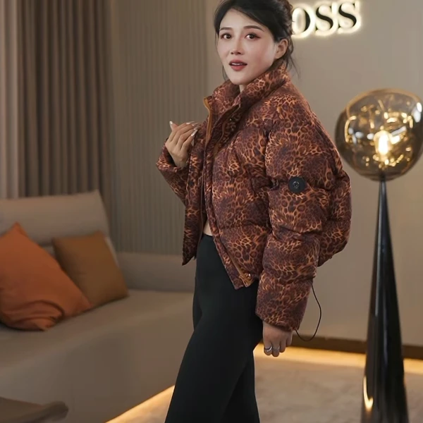 【耿老板6111#P】时尚豹纹精致短款显高面包服白鸭绒羽绒安心绒服