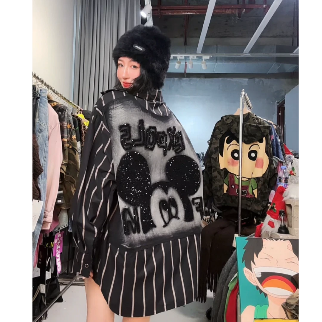 双11粉丝福利 欧货原创 重工刺绣米奇竖条条纹大版黑衬衫