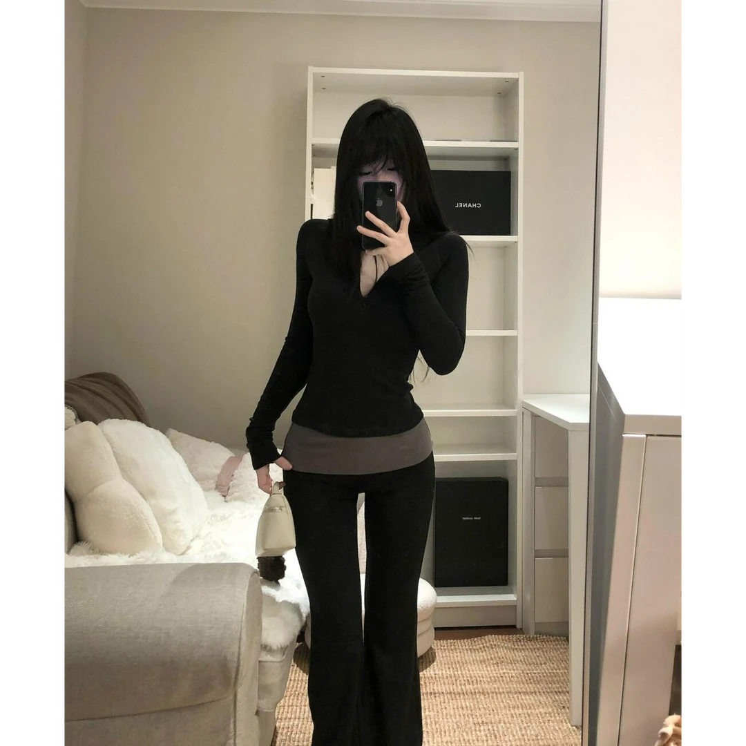 韩系2025春季新款半开领拉链磨毛上衣配微喇长裤子高级感两件套装