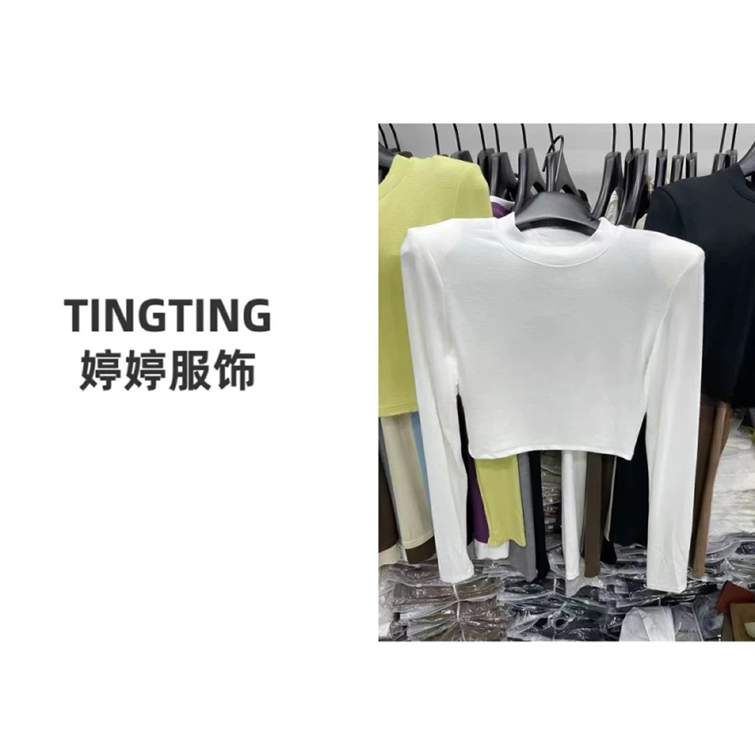 【TINGTING】早春新款修身短款（有垫肩）长袖圆领T恤