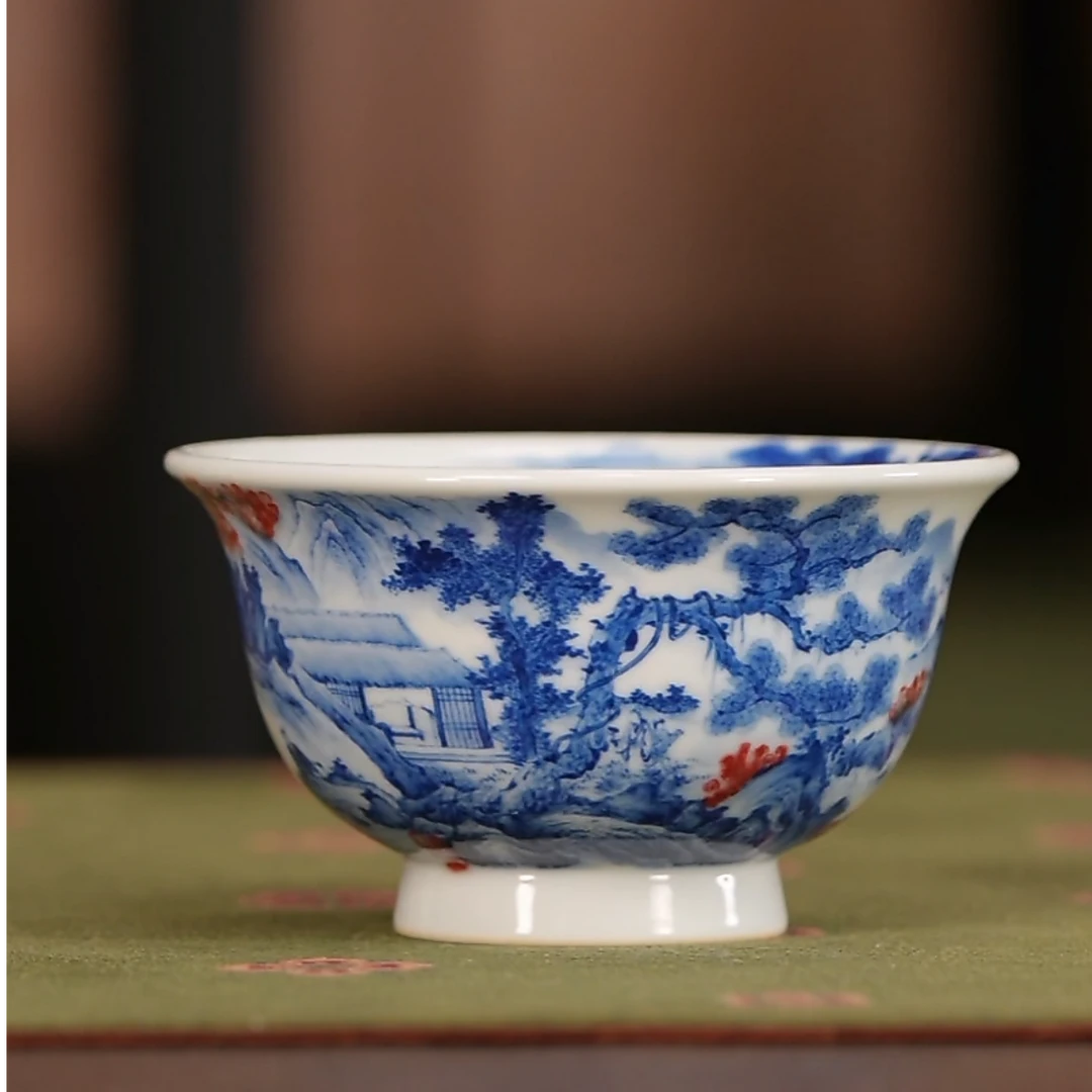 【小乔赏瓷】林涛小馆釉里红山水压手杯ltxg219