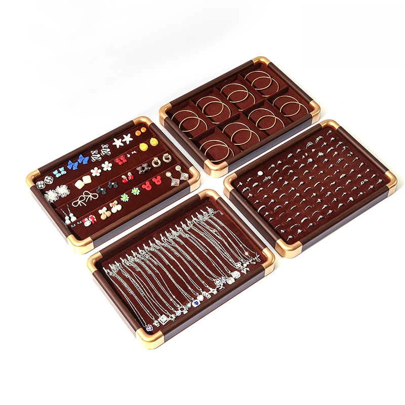 首饰展示架 复古戒指耳钉饰品展示盘大容量木质项链手串陈列盘子