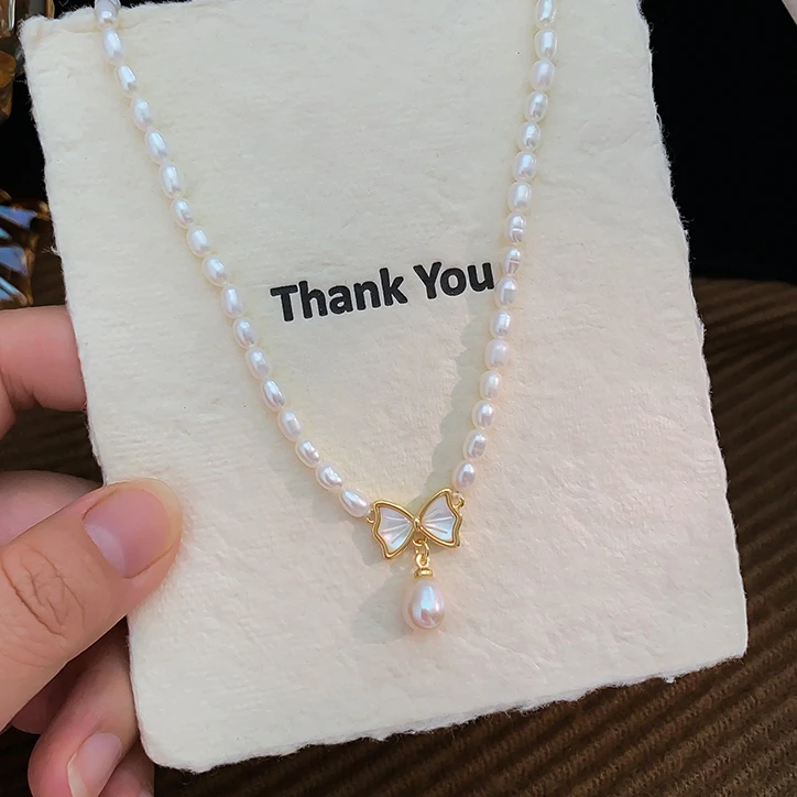 4mm天然无核淡水真珍珠项链女气质仙女小米珠蝴蝶结吊坠锁骨链