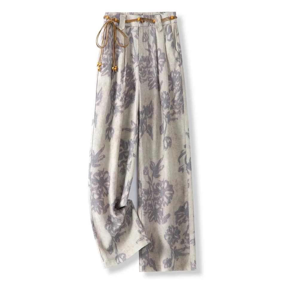 墨染牡丹花亚麻裤2025新中式复古水墨扎染阔腿裤女长裤遮肉显瘦