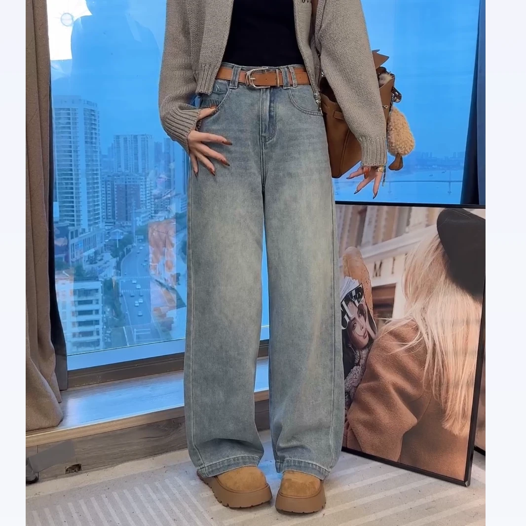【晓溪服饰】春季新款复古水洗牛仔裤女宽松直筒裤拖地裤女6003