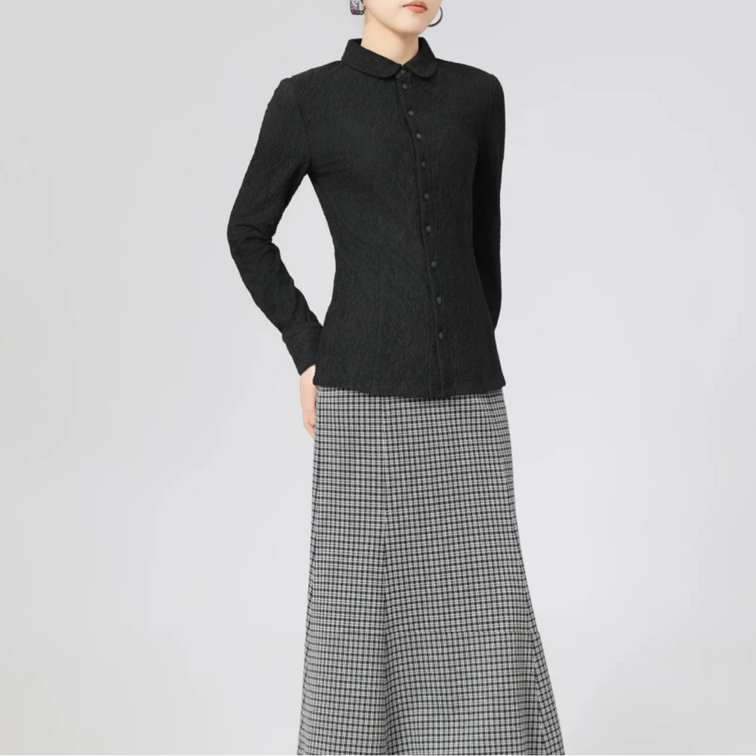 AMASS/阿玛施新款女装通勤气质轻职场单排扣修身纯色衬衫5300528