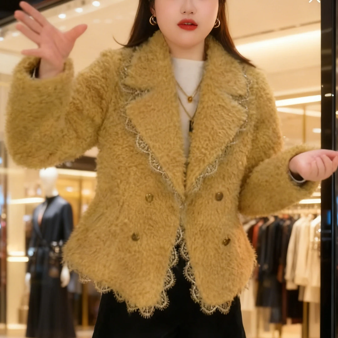 小香风2025轻奢百搭蕾丝边气质时尚加绒加厚优雅显瘦一体开衫外套
