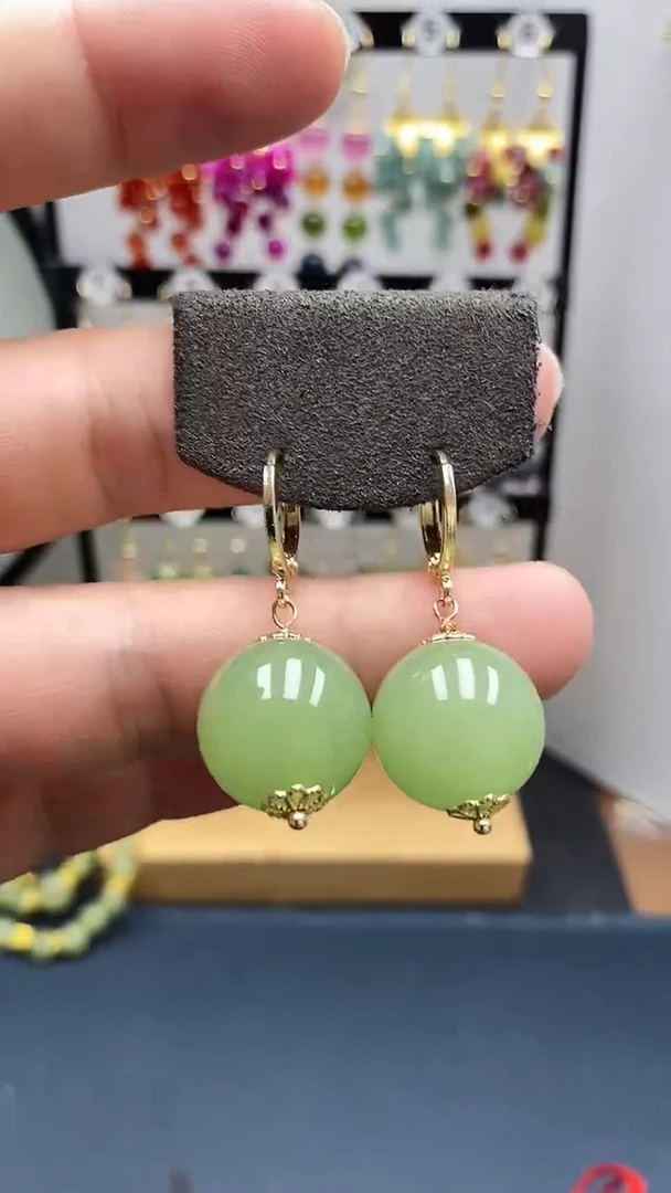 和田玉银S925镀金镶嵌耳饰尺寸16mm耳扣33