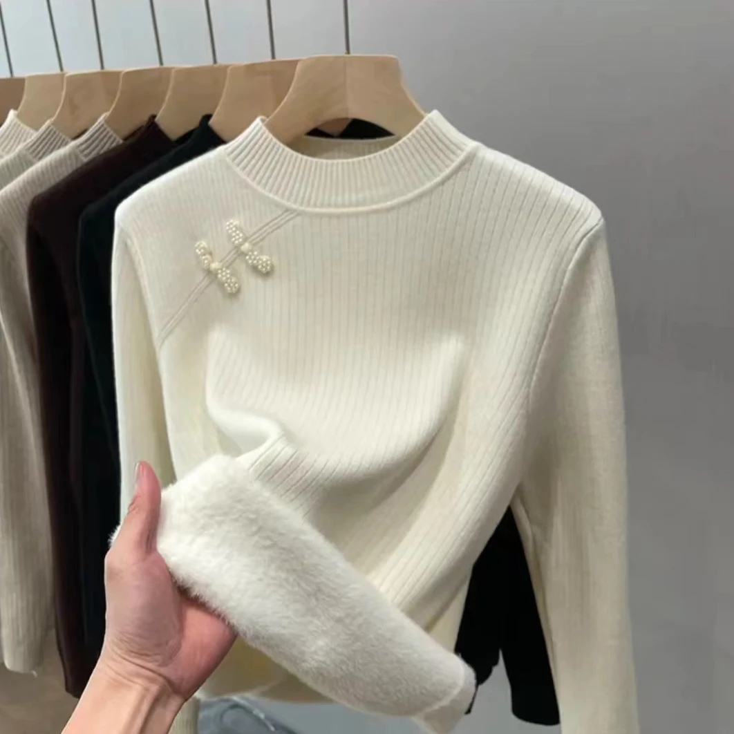 秋冬新款毛衣女加绒加厚保暖长袖套头上衣百搭时尚高级感针织衫