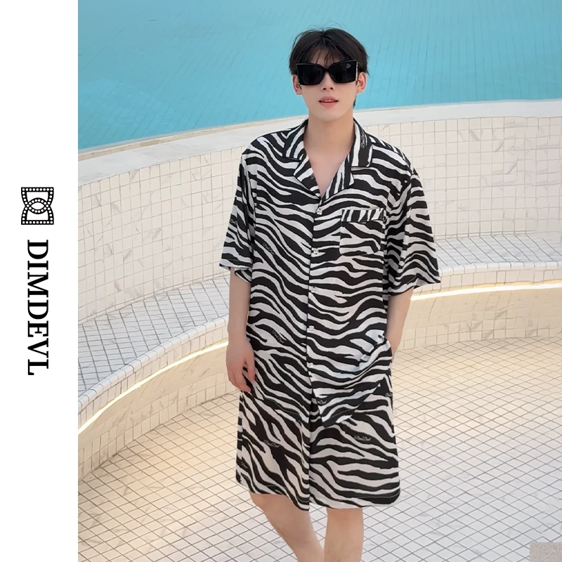 DIMDEVL/汀黛斑马纹男士休闲港风柔光缎短袖短裤家居服睡衣套装