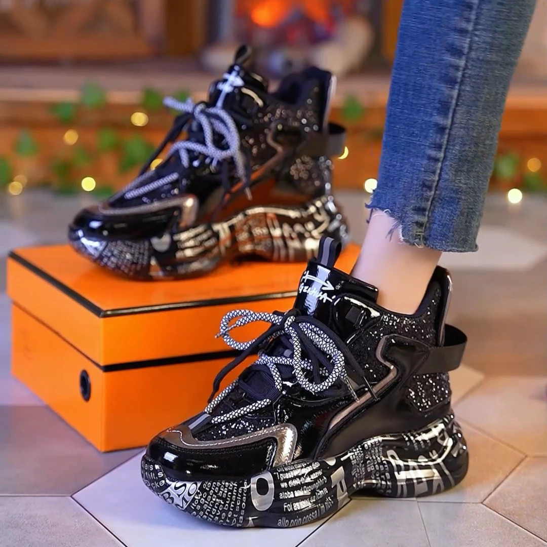 【大爆款-现货】时尚老爹鞋2025年秋冬季新款网红厚底鞋增高亮片