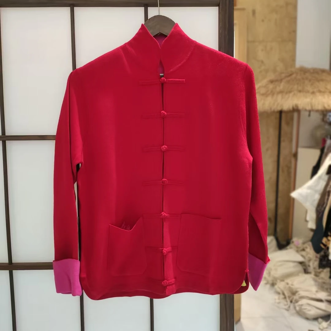 中式红色短款上衣内搭外穿长袖立领